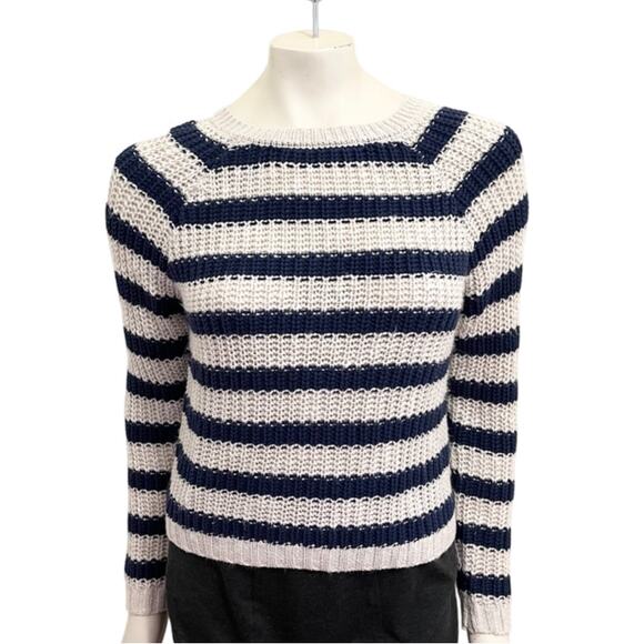 JESSICA SIMPSON Zippered Back Striped Sweater in Navy Blue & Oatmeal SZ M - Picture 1 of 11